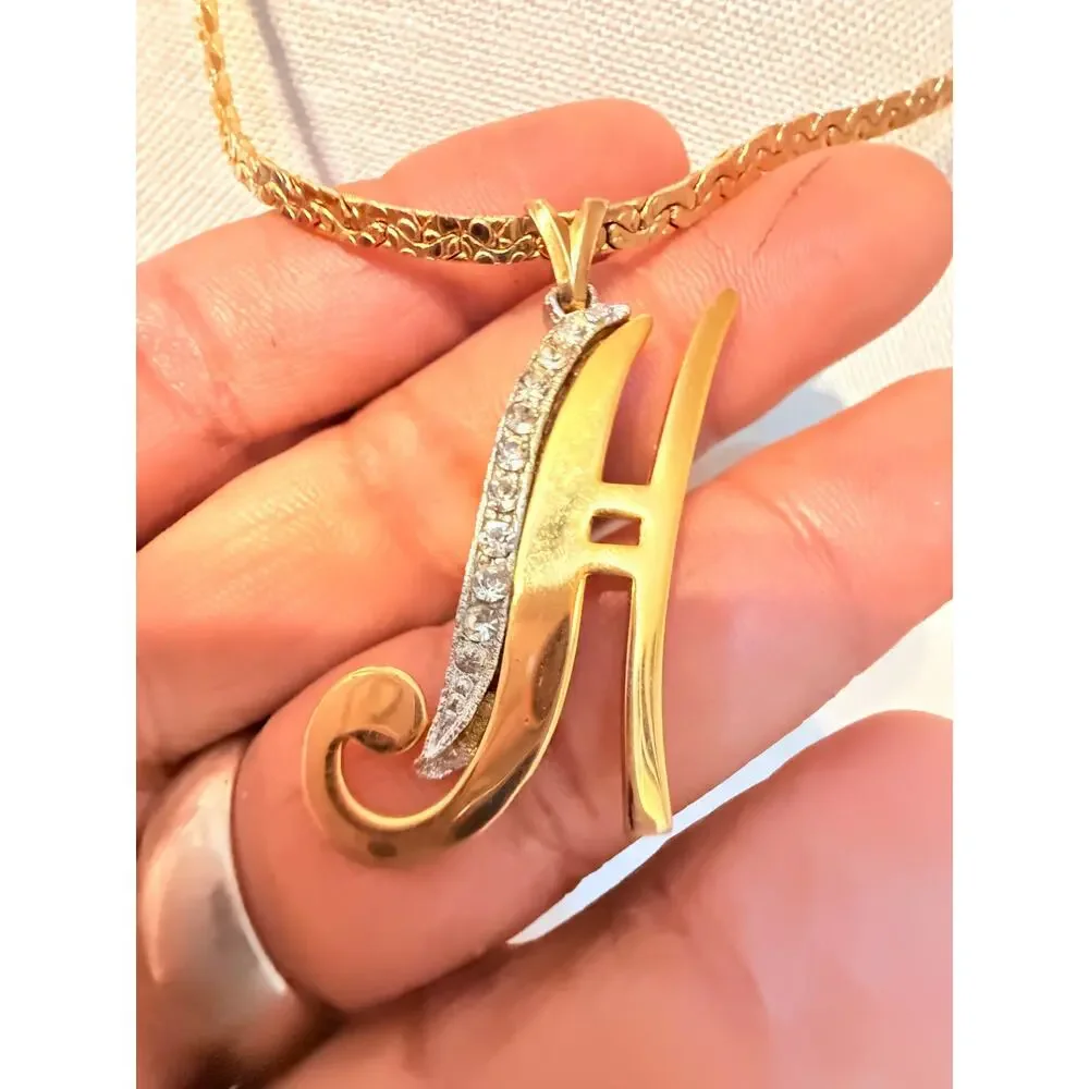 Vintage Rhinestone Initial H Pendant Necklace 18”